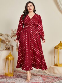 Al Najma Burgundy Red Plus Gold Dot Print Puff Sleeve Ruffle Hem Dress Maxi Women Outfit - Burgundy - View 4