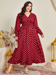 Al Najma Burgundy Red Plus Gold Dot Print Puff Sleeve Ruffle Hem Dress Maxi Women Outfit - Burgundy - View 5