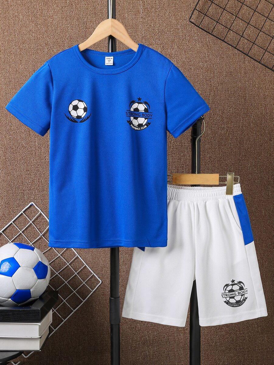 SHEIN Tween Boy Soccer Print Tee & Shorts - Blue and White - View 1