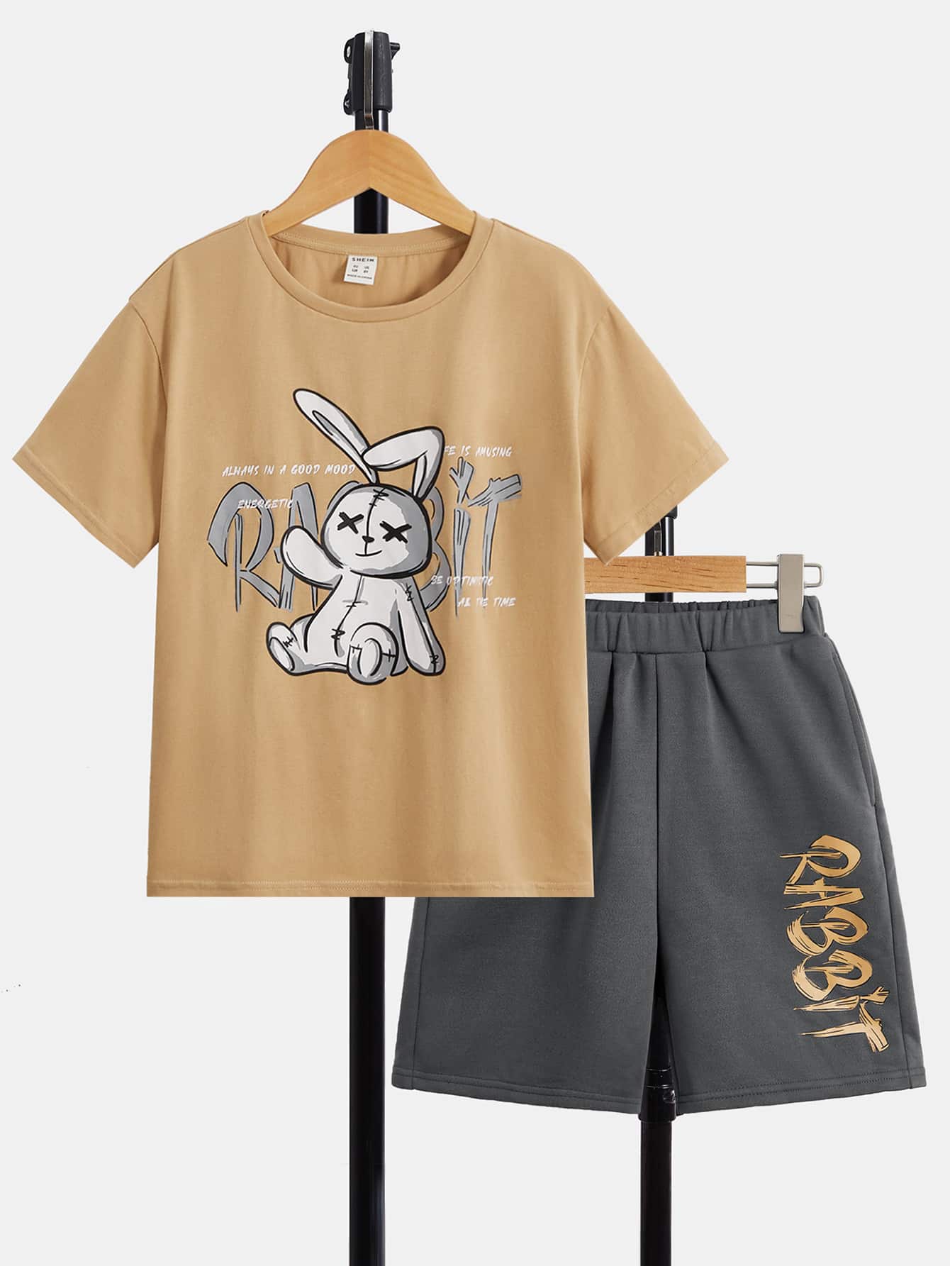 SHEIN Cậu bé Tween Hình ảnh con thỏ &  chữ cái Áo thun & quần đùi - Nhiều màu - Xem 1