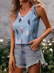 Breezaya 羽毛印花背心 图案 T 恤 女式上衣 - 藍色 - 查看 4