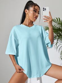 INAWLY 纯色落肩超大 T 恤 - 薄荷藍 - 查看 4