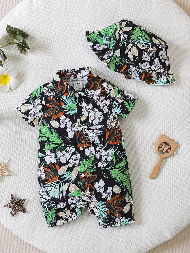Baby Boy Floral Print Shirt Romper & Accessory Hat