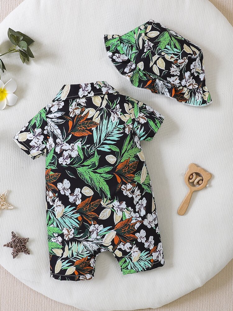 Baby Boy Floral Print Shirt Romper & Accessory Hat