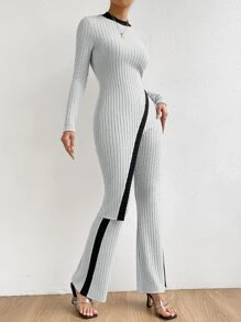 SHEIN Privé Contrast Trim Asymmetrical Hem Tee & Flare Leg Pants - Light Grey - View 3