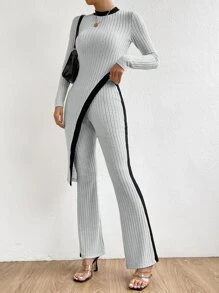 SHEIN Privé Contrast Trim Asymmetrical Hem Tee & Flare Leg Pants - Light Grey - View 4