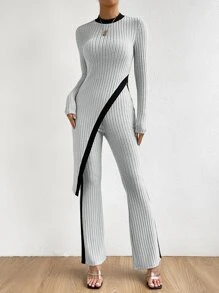 SHEIN Privé Contrast Trim Asymmetrical Hem Tee & Flare Leg Pants - Light Grey - View 5