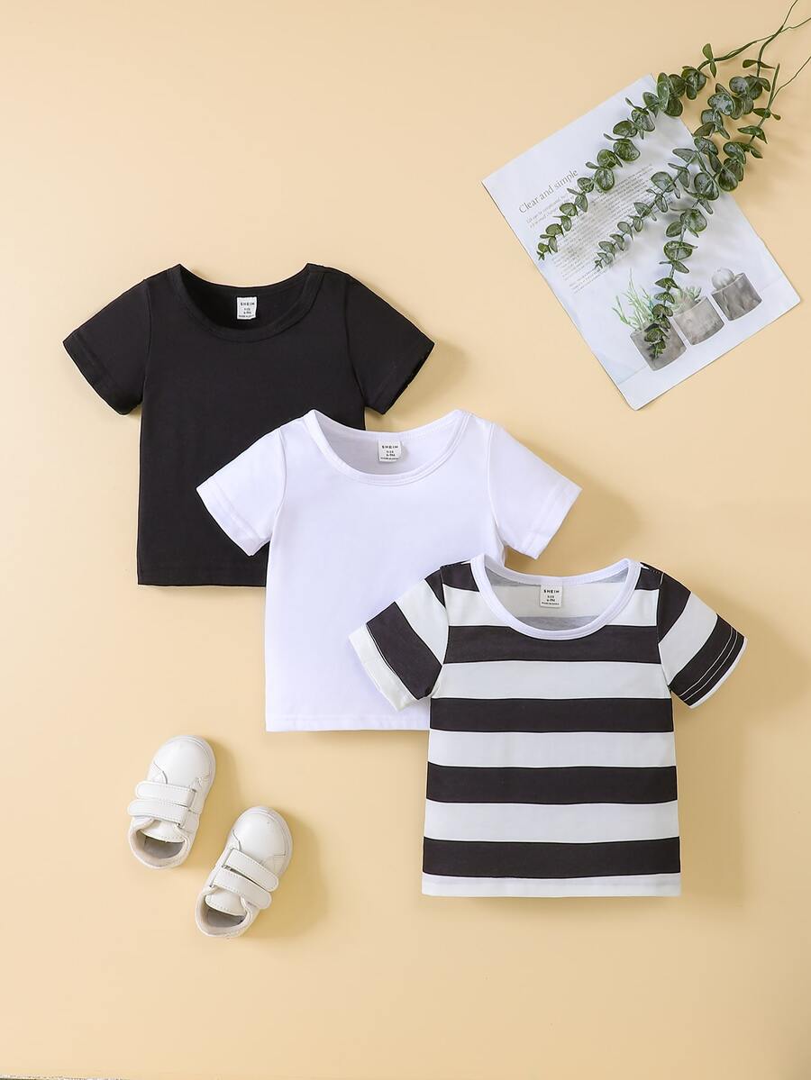 男嬰2入組素色T恤和1入組條紋印花T恤 - 黑與白 - 查看 1