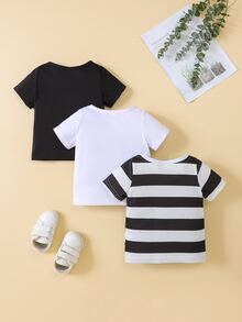 Đứa bé trai 2 Miếng Áo phông trơn & 1 Miếng In sọc Áo thun - Đen và trắng - Xem 2
