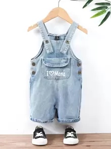 Baby Boy Slogan Graphic Denim Dungaree - Light Wash - View 1