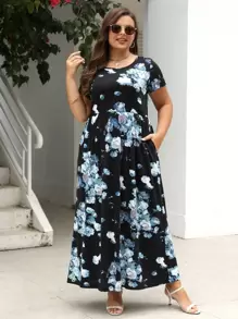 Nemidor Đầm Plus Size Túi Hoa Tất cả trên in Boho - màu đen - Xem 1