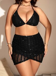 Plus Size 3packs Bộ bikini dây tam giác & Váy đi biển Bãi biển mùa hè - màu đen - Xem 1