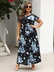 Nemidor Đầm Plus Size Túi Hoa Tất cả trên in Boho - màu đen - Xem 3