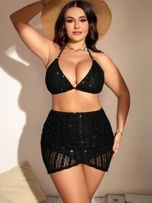 Plus Size 3packs Bộ bikini dây tam giác & Váy đi biển Bãi biển mùa hè - màu đen - Xem 4