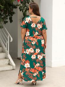 Đầm Plus Size Cắt ra Túi Hoa Nhiệt đới Giải trí - màu xanh lá - Xem 2