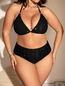 Plus Size 3packs Bộ bikini dây tam giác & Váy đi biển Bãi biển mùa hè - màu đen - Xem 6