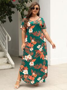 Đầm Plus Size Cắt ra Túi Hoa Nhiệt đới Giải trí - màu xanh lá - Xem 5