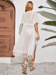 Batwing Sleeve Fringe Hem Sheer Chiffon Kimono - White - View 2