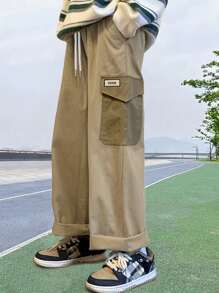 Manfinity Hypemode Men Letter Patched Detail Flap Pocket Side Drawstring Waist Cargo Trousers - Khaki - View 1