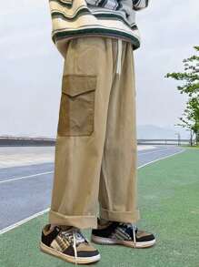 Manfinity Hypemode Men Letter Patched Detail Flap Pocket Side Drawstring Waist Cargo Trousers - Khaki - View 4