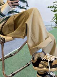 Manfinity Hypemode Men Letter Patched Detail Flap Pocket Side Drawstring Waist Cargo Trousers - Khaki - View 5