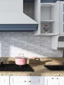 1 pieza Pegatina impermeable para cocina PU cocina moderno con patrón de ladrillo para casa - Blanco - Ver 1