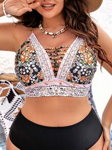 SHEIN Swim Curve Top bikini con estampado floral con abertura - Multicolor - Ver 4