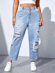 SHEIN ICON Plus High Waist Ripped Jeans - Light Wash - View 4