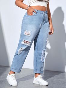 SHEIN ICON Plus High Waist Ripped Jeans - Light Wash - View 3