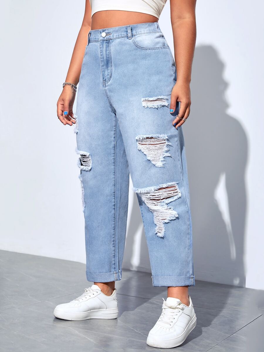 SHEIN ICON Plus High Waist Ripped Jeans - Light Wash - View 1