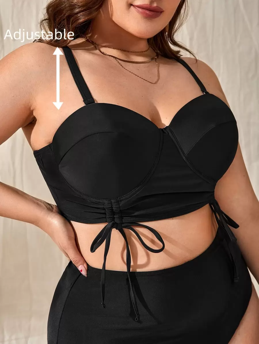 SHEIN Swim Curve Summer Beach Plus Drawstring Push Up Bikini Top - Black - View 1