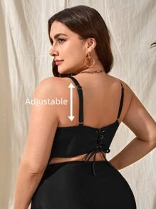 SHEIN Swim Curve Summer Beach Plus Drawstring Push Up Bikini Top - Black - View 2