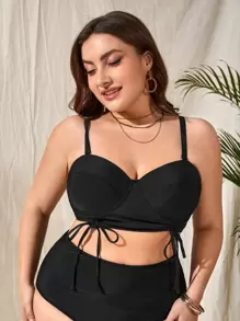 SHEIN Swim Curve Summer Beach Plus Drawstring Push Up Bikini Top - Black - View 3