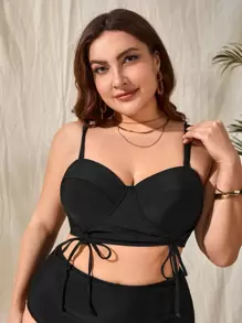 SHEIN Swim Curve Summer Beach Plus Drawstring Push Up Bikini Top - Black - View 4