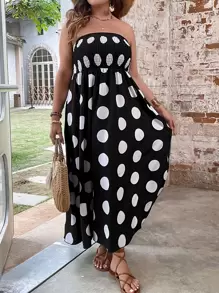 SHEIN Clasi Đầm Plus Size Dải chun Chấm bi Boho - Đen và trắng - Xem 1