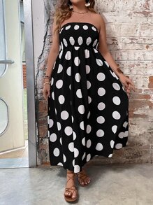 SHEIN Clasi Đầm Plus Size Dải chun Chấm bi Boho - Đen và trắng - Xem 4