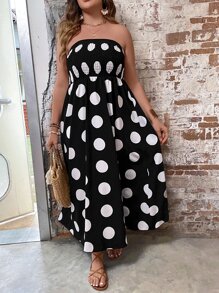 SHEIN Clasi Đầm Plus Size Dải chun Chấm bi Boho - Đen và trắng - Xem 5