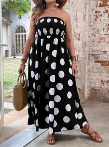 SHEIN Clasi Đầm Plus Size Dải chun Chấm bi Boho - Đen và trắng - Xem 6