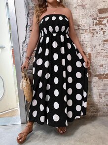 SHEIN Clasi Đầm Plus Size Dải chun Chấm bi Boho - Đen và trắng - Xem 7