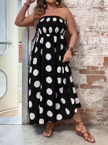 SHEIN Clasi Đầm Plus Size Dải chun Chấm bi Boho - Đen và trắng - Xem 8
