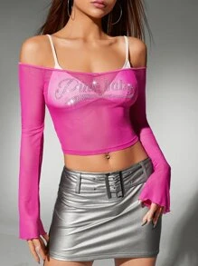 SHEIN ICON Áo nữ Xù nhỏ Pha lê kim cương cắt Lá thư Gợi cảm - Hồng - Xem 3