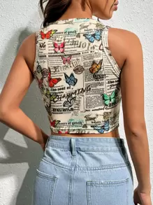 SHEIN EZwear 西部風格牛仔女孩蝴蝶和標語圖案手帕下擺背心上衣 - 彩色 - 查看 2