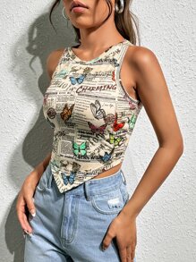 SHEIN EZwear 西部風格牛仔女孩蝴蝶和標語圖案手帕下擺背心上衣 - 彩色 - 查看 3