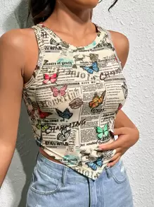 SHEIN EZwear 西部風格牛仔女孩蝴蝶和標語圖案手帕下擺背心上衣 - 彩色 - 查看 4