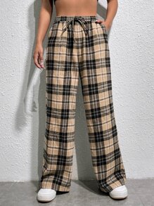 SHEIN EZwear 格紋印花腰部抽繩長褲 - 彩色 - 查看 3