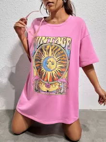 SHEIN EZwear 日月圖案落肩T恤連衣裙 - 粉色 - 查看 2