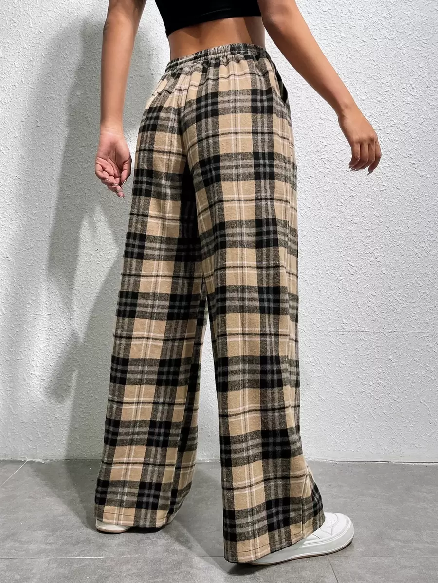 SHEIN EZwear 格紋印花腰部抽繩長褲 - 彩色 - 查看 1