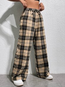 SHEIN EZwear 格紋印花腰部抽繩長褲 - 彩色 - 查看 4