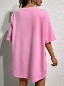 SHEIN EZwear 日月圖案落肩T恤連衣裙 - 粉色 - 查看 3