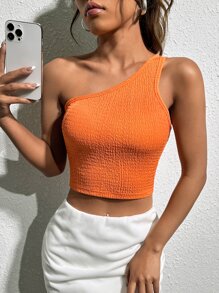 SHEIN EZwear 素色單肩短款上衣 - 橘色 - 查看 2